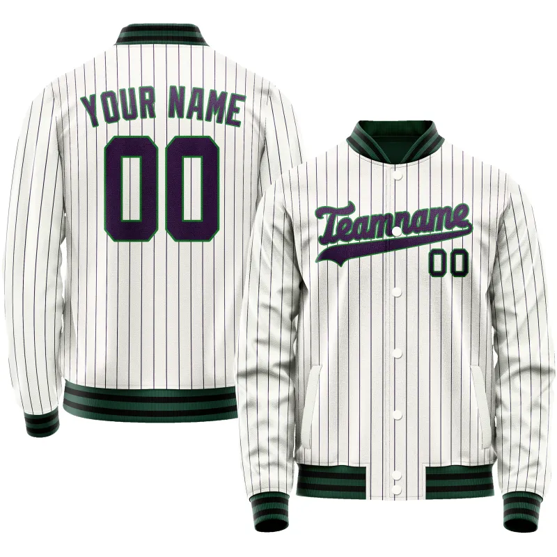 Custom White Navy Purple Pinstripe Varsity Letterman Jacket sold by Tailorly