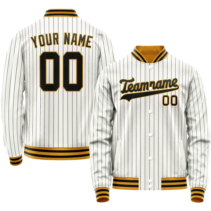 Custom White Black Black Pinstripe Varsity Letterman Jacket sold by Tailorly