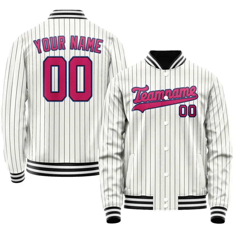 Custom White Pink Black Pinstripe Varsity Letterman Jacket sold by Tailorly
