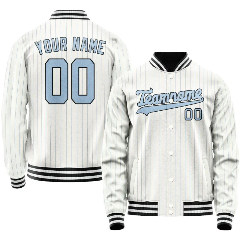 Custom White Light-Blue Light Blue Pinstripe Varsity Letterman Jacket sold by Tailorly