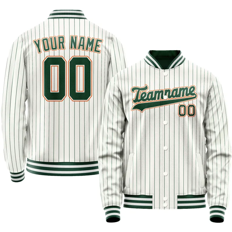 Custom White Orange Kelly Green Pinstripe Varsity Letterman Jacket sold by Tailorly