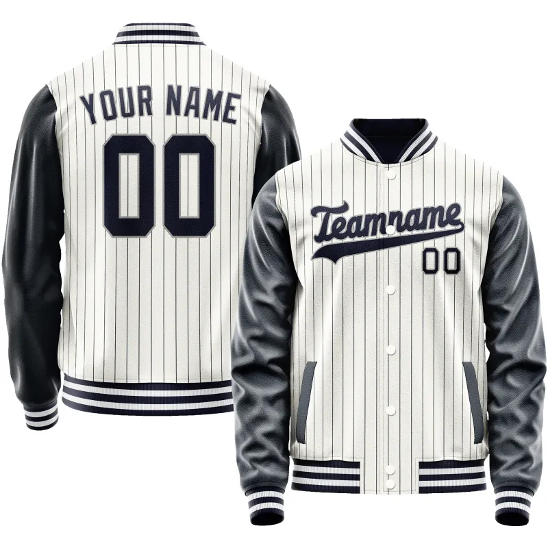 Custom White Navy Navy Pinstripe Varsity Letterman Jacket sold by Tailorly