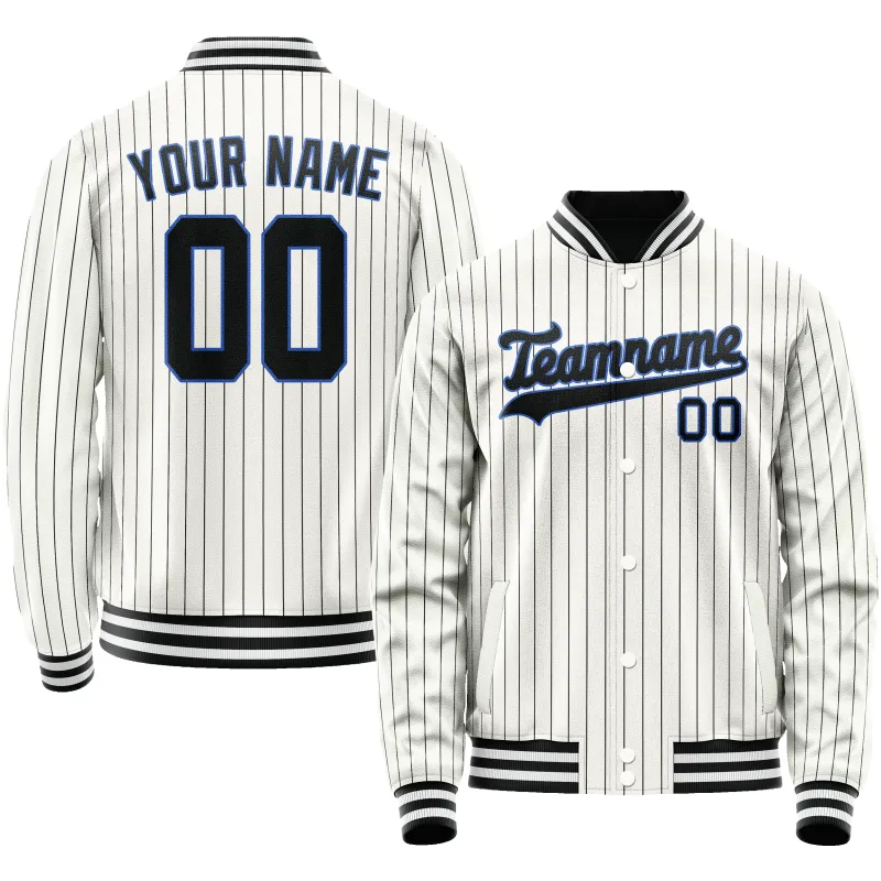 Custom White Navy Navy Pinstripe Varsity Letterman Jacket sold by Tailorly