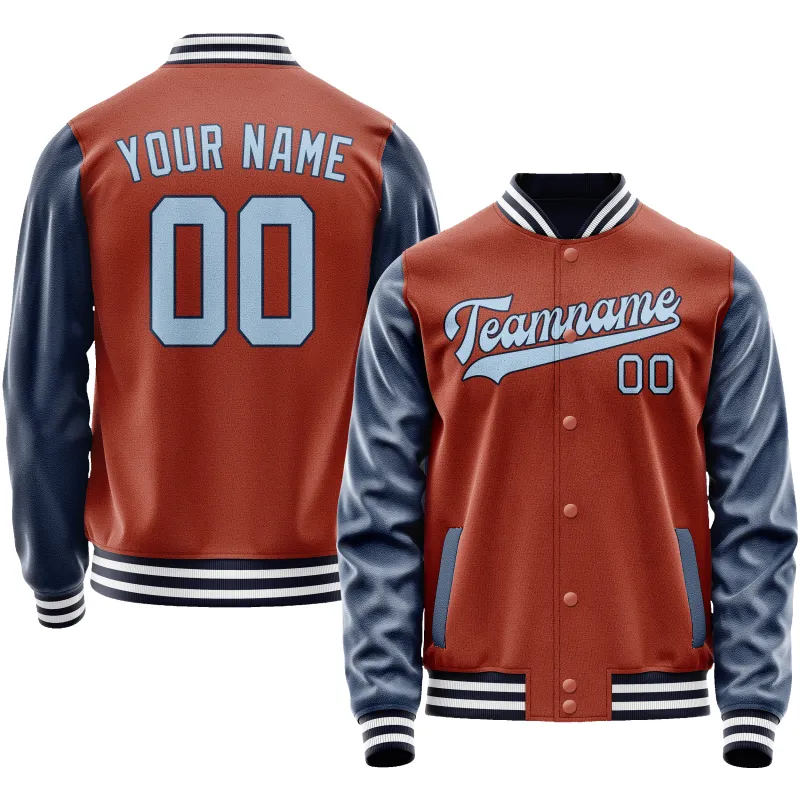 Custom Texas-Orange Navy Solid Color Varsity Letterman Jacket sold by Tailorly