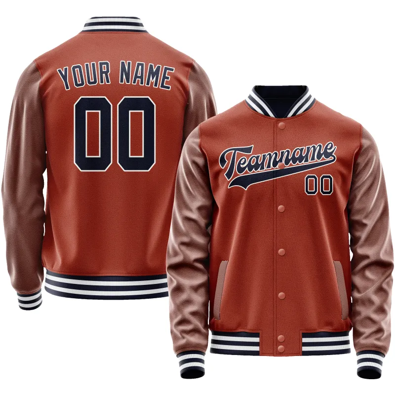 Custom Texas-Orange Navy Solid Color Varsity Letterman Jacket sold by Tailorly