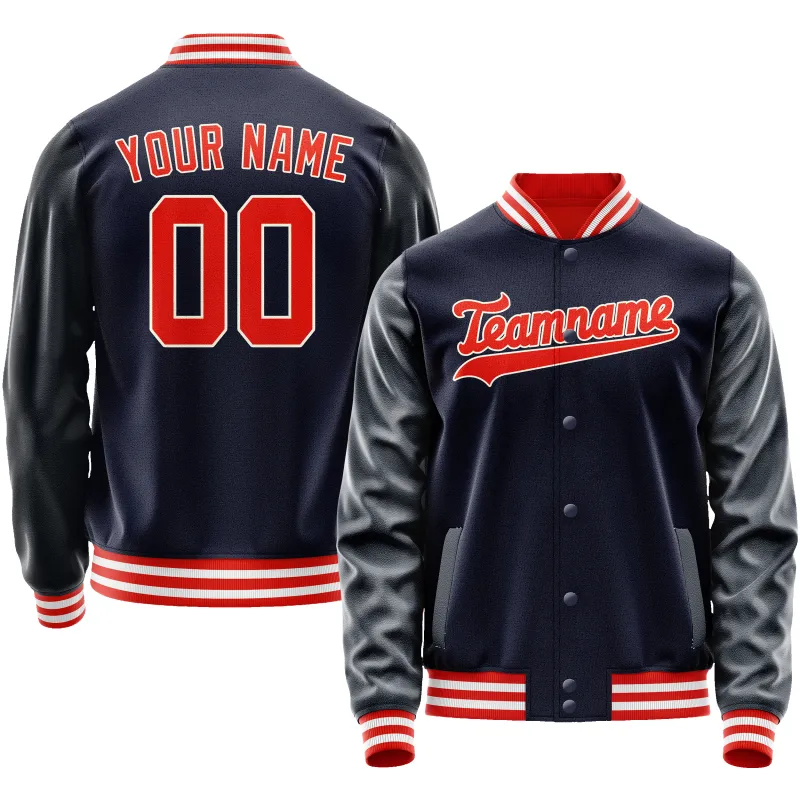 Custom Navy Orange Solid Color Varsity Letterman Jacket sold by Tailorly
