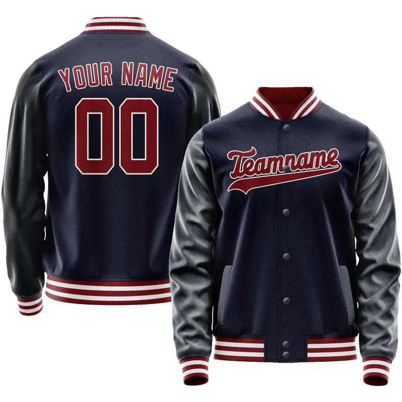 Custom Navy Crimson Solid Color Varsity Letterman Jacket sold by Tailorly
