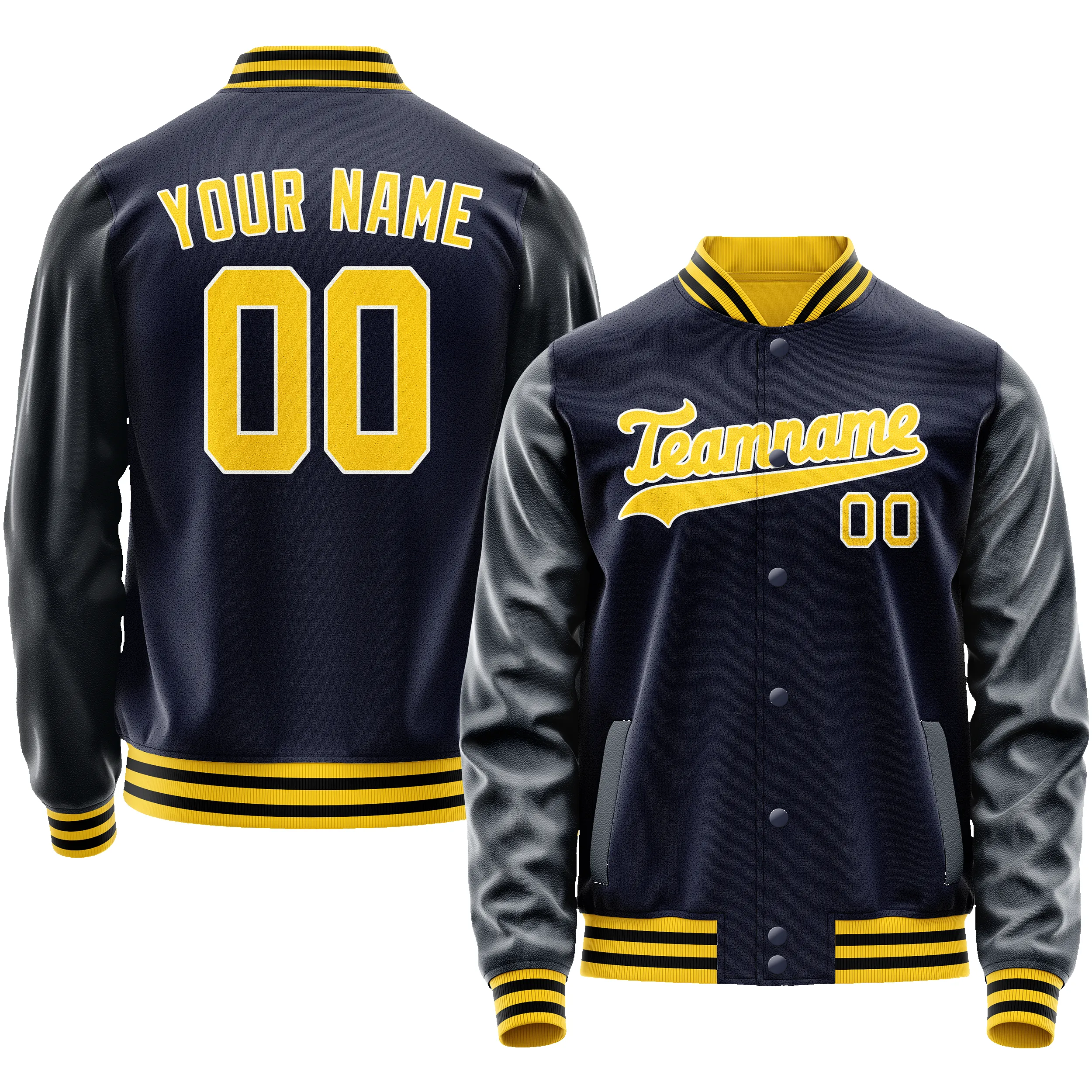 Custom Navy Gold Solid Color Varsity Letterman Jacket sold by Tailorly