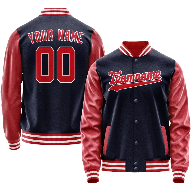 Custom Navy Red Solid Color Varsity Letterman Jacket made by Tailorly