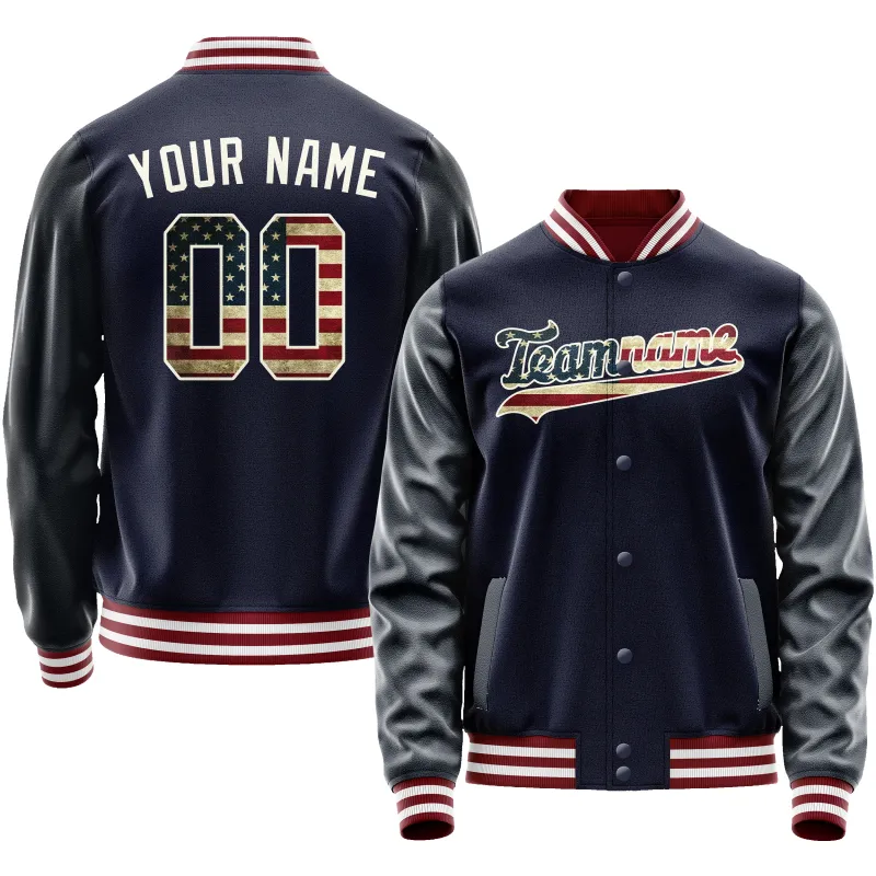Custom Navy Cream Vintage Usa Flag Varsity Letterman Jacket sold by Tailorly
