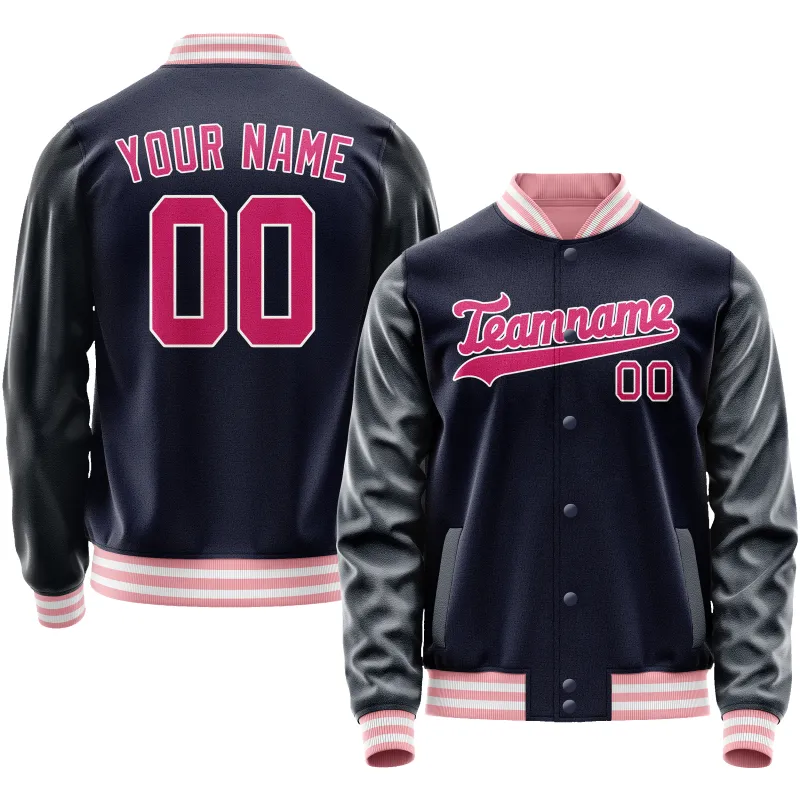 Custom Navy Pink Solid Color Varsity Letterman Jacket sold by Tailorly