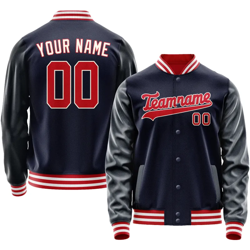 Custom Navy Red Solid Color Varsity Letterman Jacket sold by Tailorly