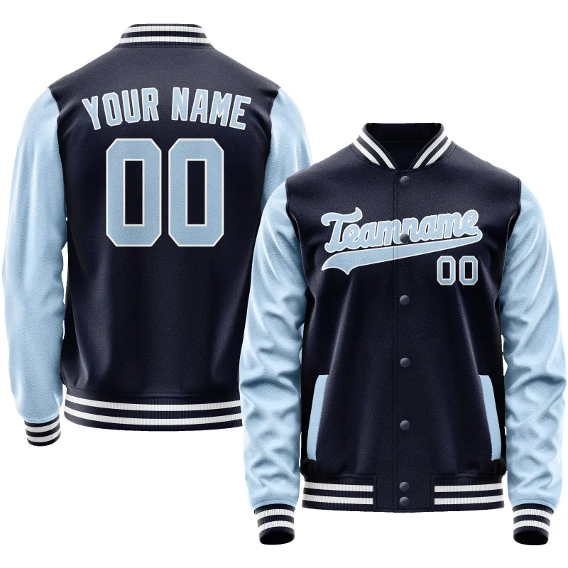 Custom Navy Light-Blue Solid Color Varsity Letterman Jacket sold by Tailorly