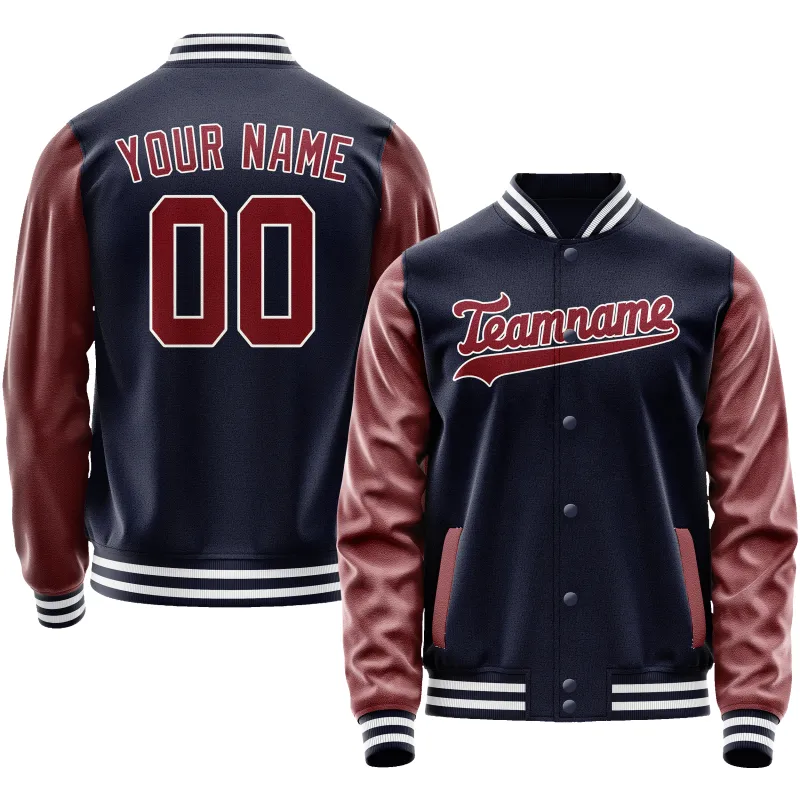 Custom Navy Crimson Solid Color Varsity Letterman Jacket sold by Tailorly