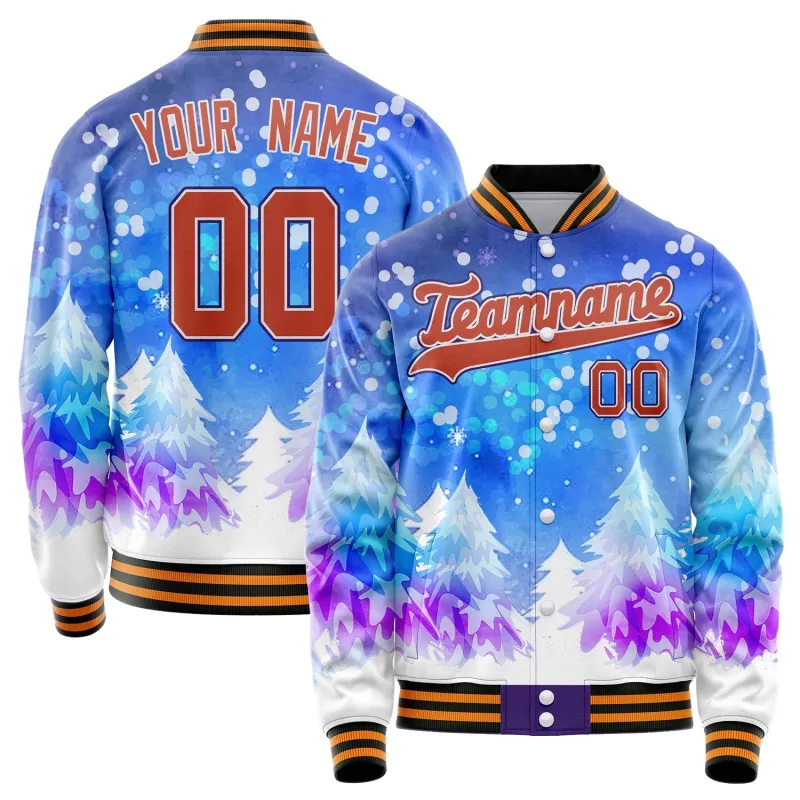 Custom Purple Orange 3D Pattern Watercolor Winter Landscape Varsity Letterman Jacket sold by Tailorly