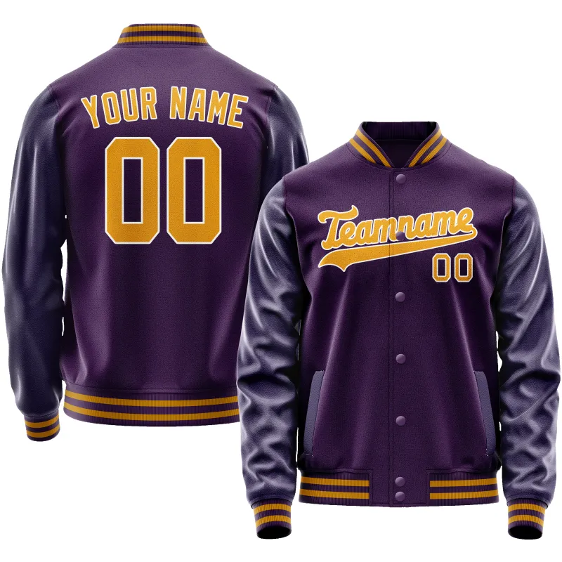 Custom Purple Gold Solid Color Varsity Letterman Jacket sold by Tailorly