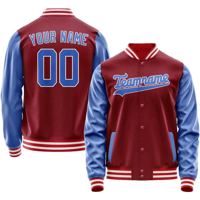 Custom Crimson Light-Blue Solid Color Varsity Letterman Jacket sold by Tailorly