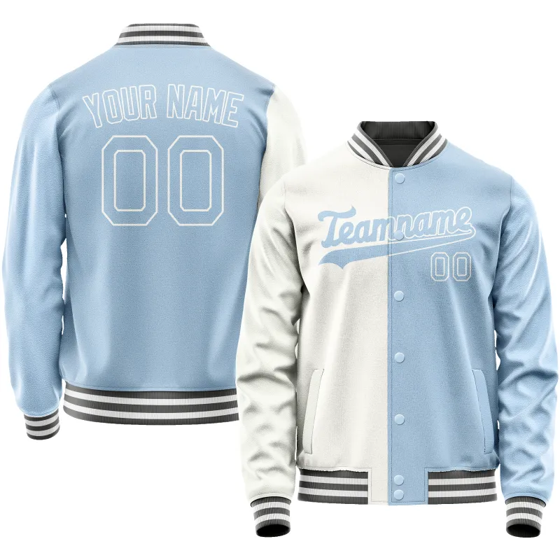 Custom White Light-Blue Split Varsity Letterman Jacket sold by Tailorly