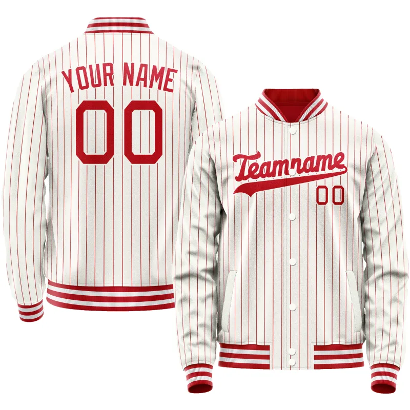 Custom White Red Red Pinstripe Varsity Letterman Jacket sold by Tailorly