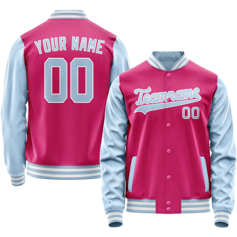 Custom Pink Light-Blue Solid Color Varsity Letterman Jacket sold by Tailorly