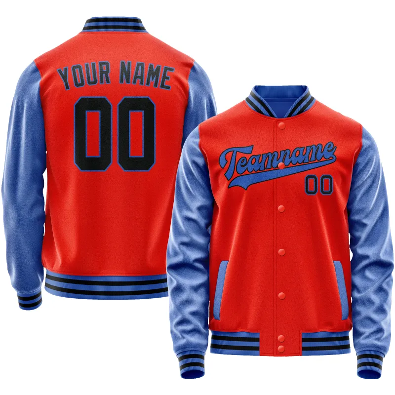 Custom Orange Light-Blue Solid Color Varsity Letterman Jacket sold by Tailorly