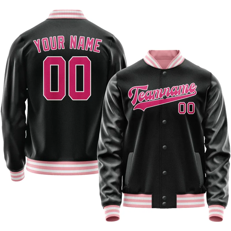 Custom Black Pink Solid Color Varsity Letterman Jacket sold by Tailorly