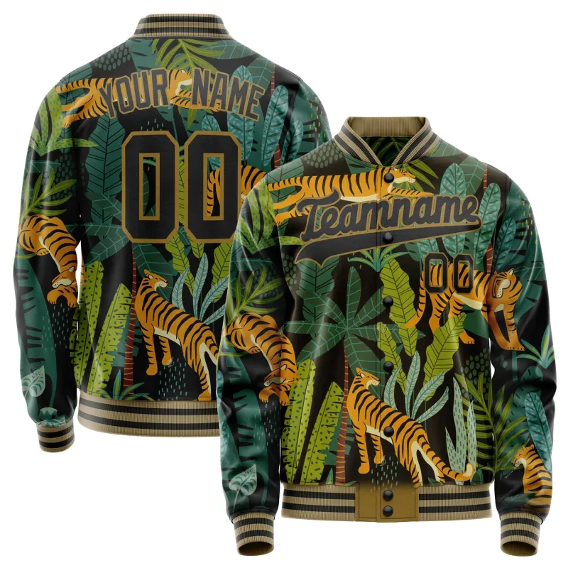 Custom Black Black Tiger 3D Pattern Varsity Letterman Jacket sold by Tailorly