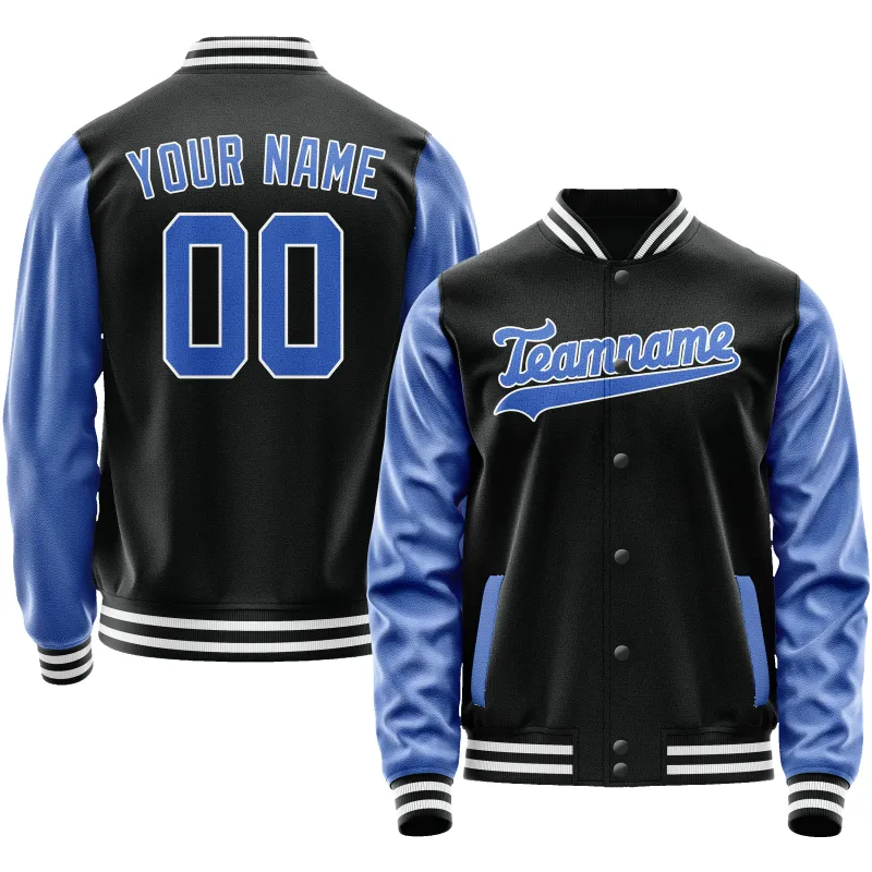 Custom Black Light-Blue Solid Color Varsity Letterman Jacket sold by Tailorly