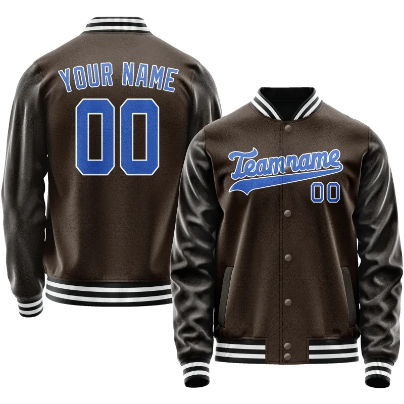Custom Brown Light-Blue Solid Color Varsity Letterman Jacket sold by Tailorly