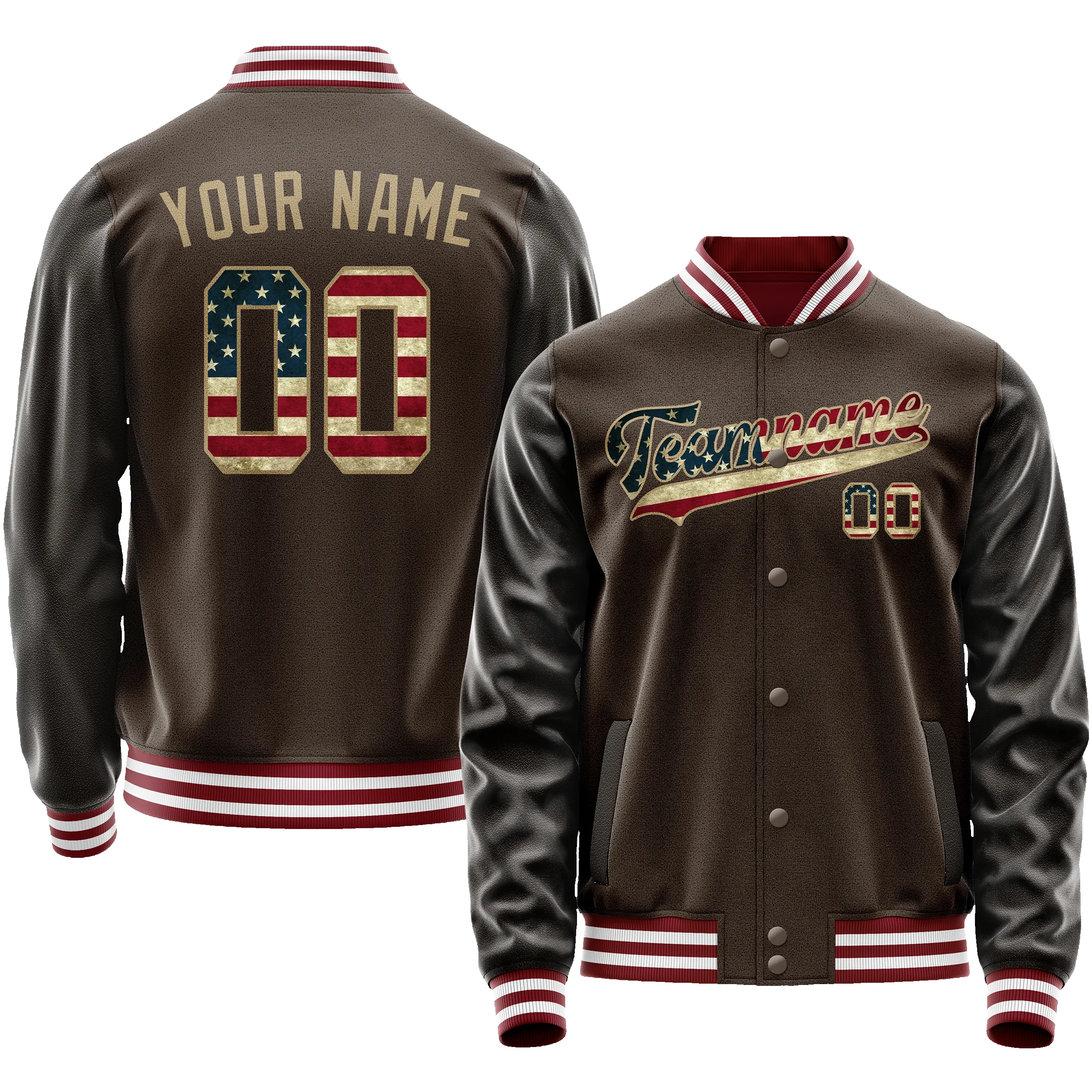 Custom Brown Cream Vintage Usa Flag Varsity Letterman Jacket sold by Tailorly