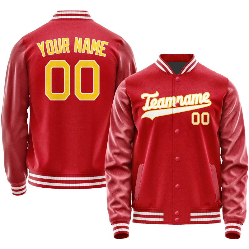 Custom Red Gold Solid Color Varsity Letterman Jacket sold by Tailorly