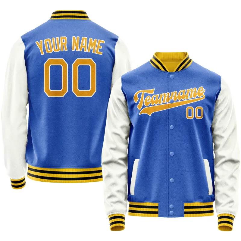 Custom Electric-Blue White Solid Color Varsity Letterman Jacket sold by Tailorly