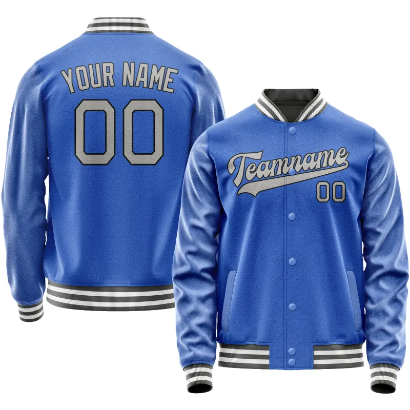 Custom Electric-Blue Gray Solid Color Varsity Letterman Jacket sold by Tailorly