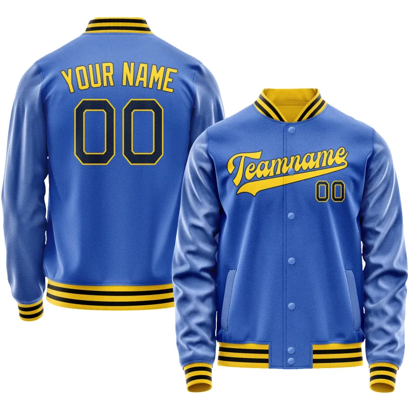 Custom Electric-Blue Gold Solid Color Varsity Letterman Jacket sold by Tailorly