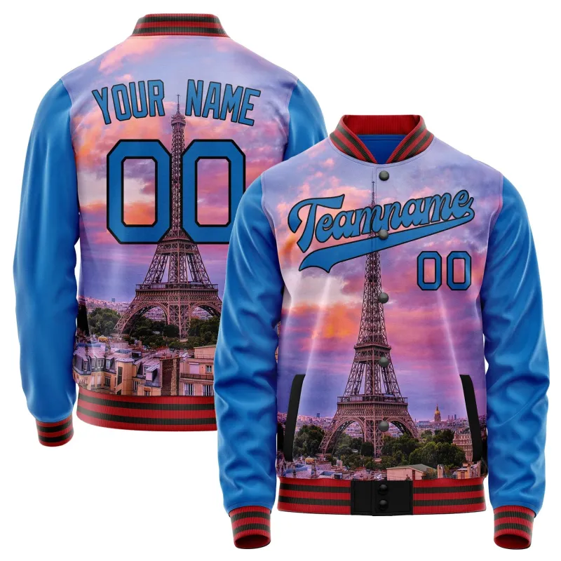 Custom Electric-Blue Black Eiffel Tower 3D Varsity Letterman Jacket sold by Tailorly