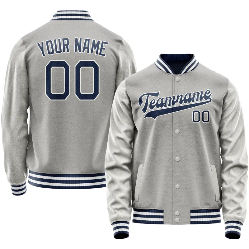 Custom Gray Navy Solid Color Varsity Letterman Jacket sold by Tailorly