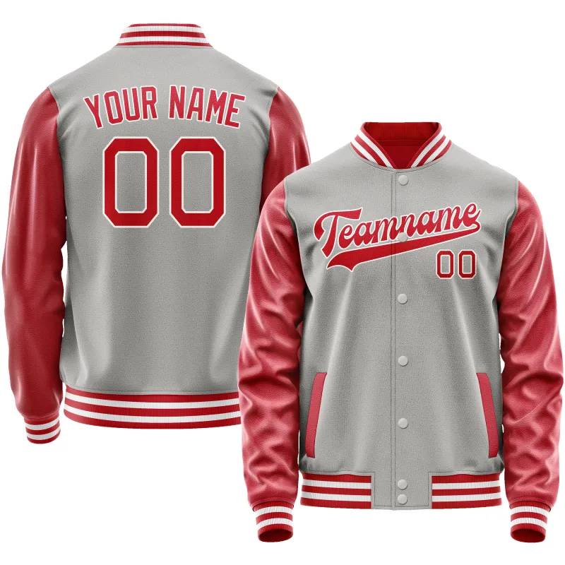 Custom Gray Red Solid Color Varsity Letterman Jacket sold by Tailorly