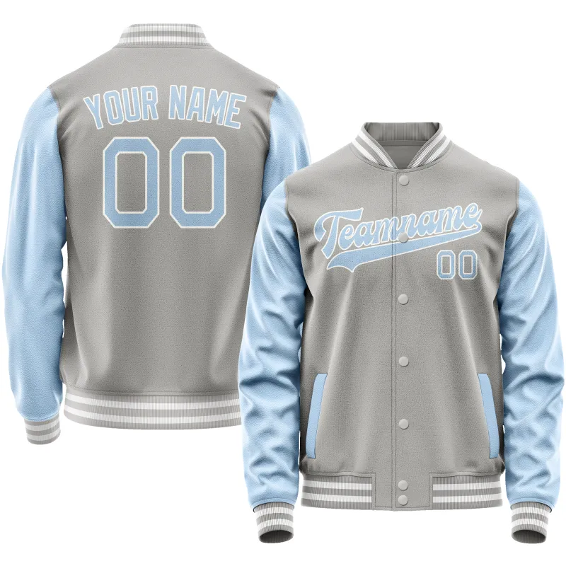 Custom Gray Light-Blue Solid Color Varsity Letterman Jacket sold by Tailorly