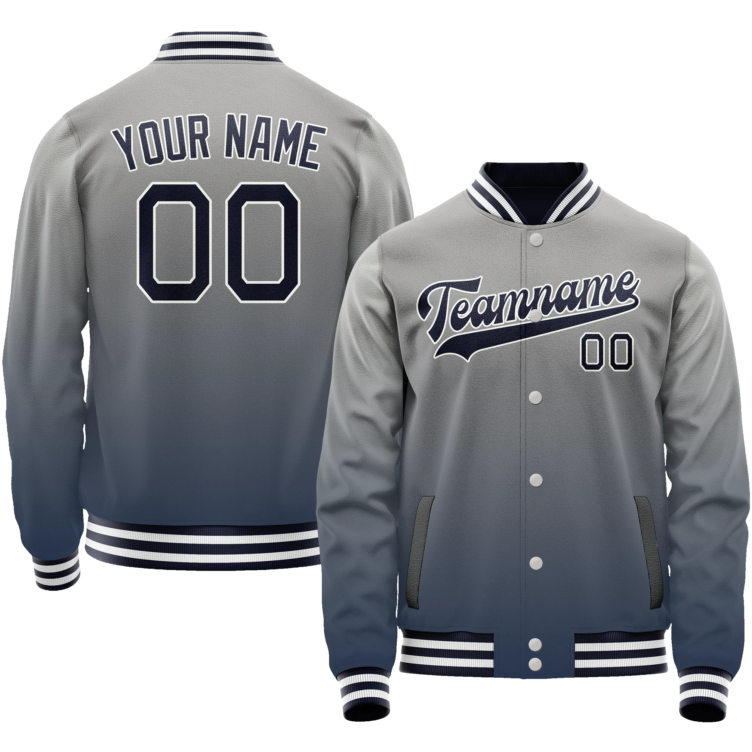 Custom Gray Navy Gradient Varsity Letterman Jacket sold by Tailorly