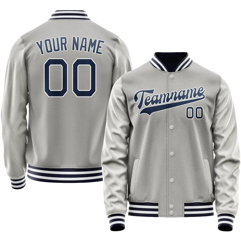 Custom Gray Navy Solid Color Varsity Letterman Jacket sold by Tailorly