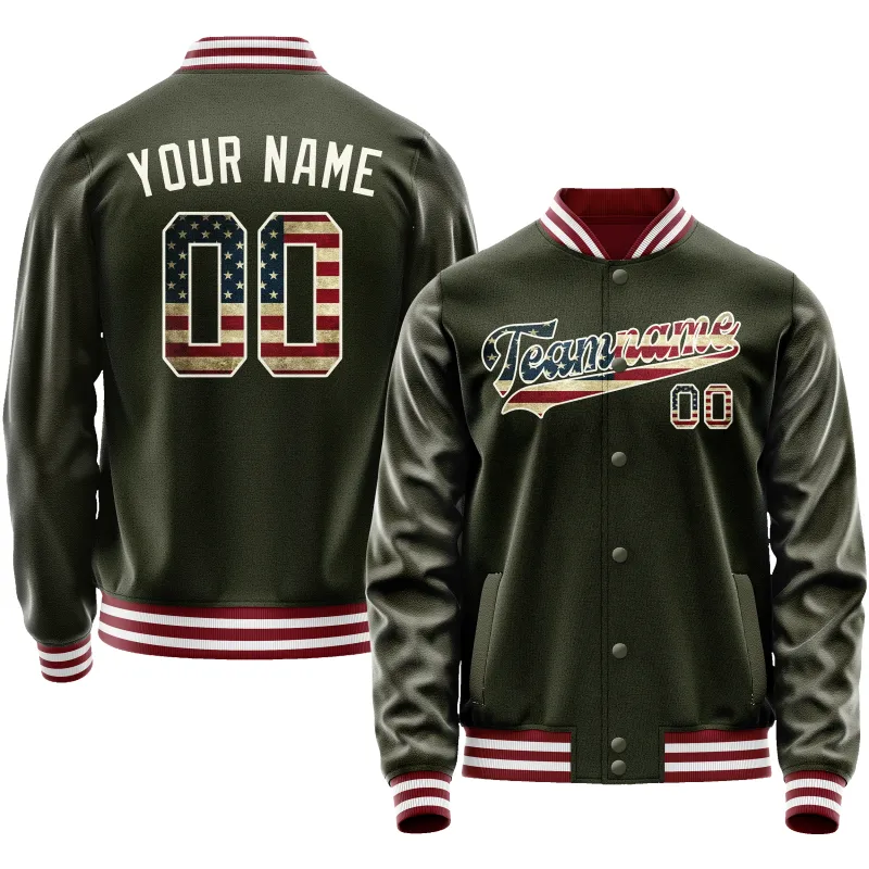 Custom Olive Cream Vintage Usa Flag Varsity Letterman Jacket sold by Tailorly
