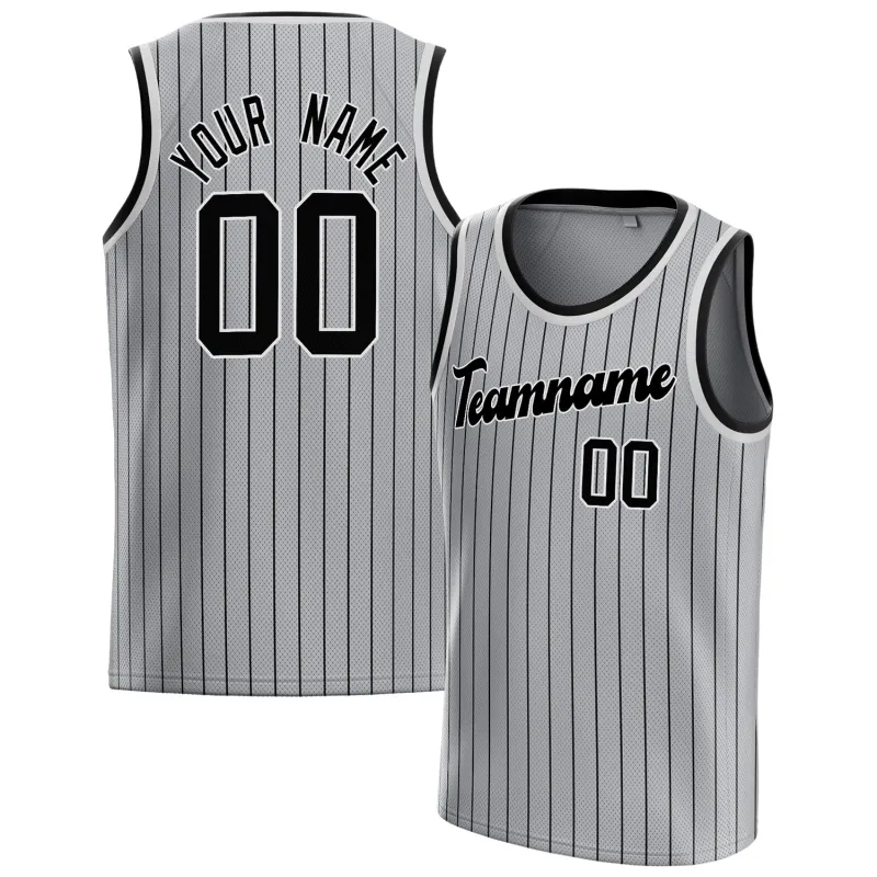 Custom Gray Black Black-Pinstripe Basketball Jersey made by Tailorly