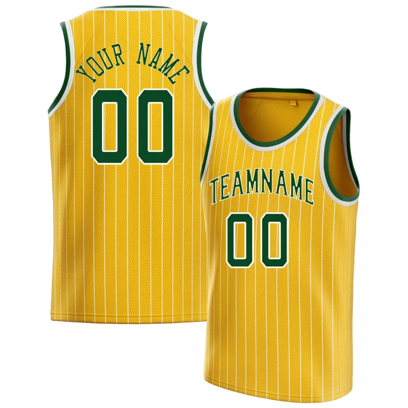 Custom Gold Kelly-Green White-Pinstripe Basketball Jersey made by Tailorly