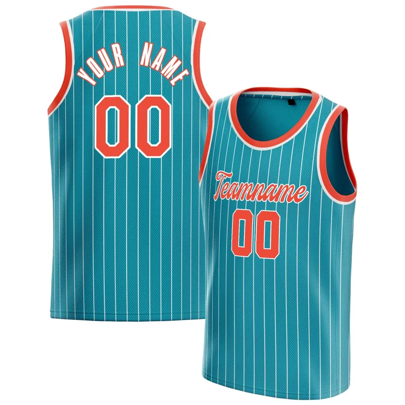 Custom Teal Orange White-Pinstripe Basketball Jersey sold by Tailorly