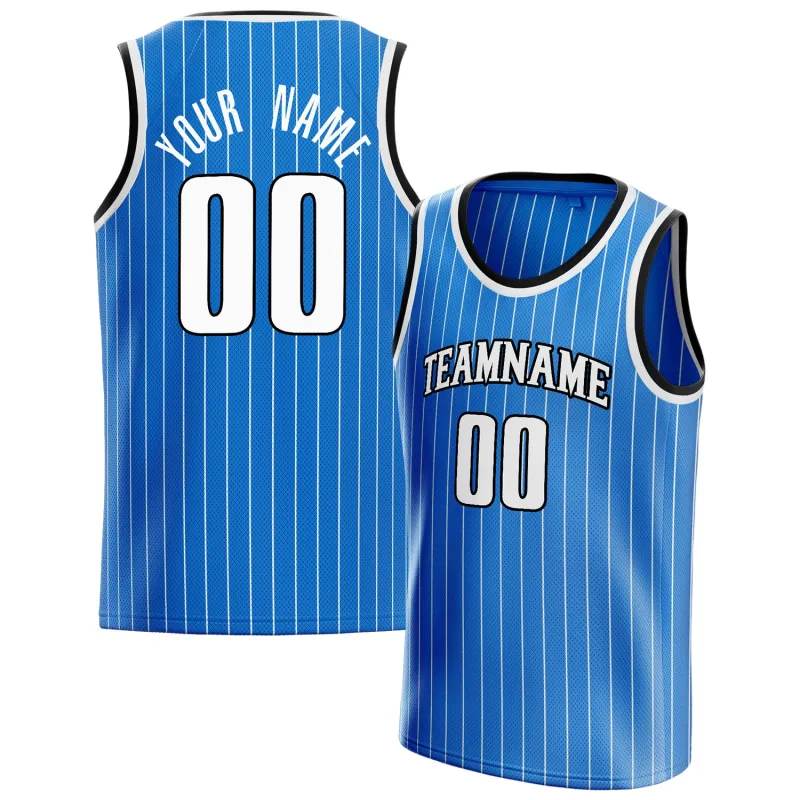 Custom Blue White White-Pinstripe Basketball Jersey sold by Tailorly