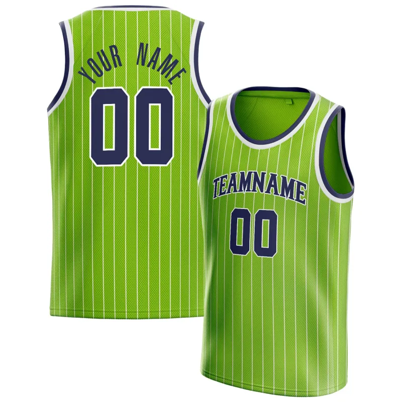 Custom Neon-Green Navy White-Pinstripe Basketball Jersey sold by Tailorly