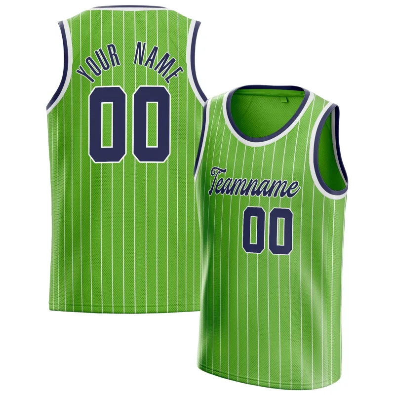 Custom Neon-Green Navy White-Pinstripe Basketball Jersey sold by Tailorly
