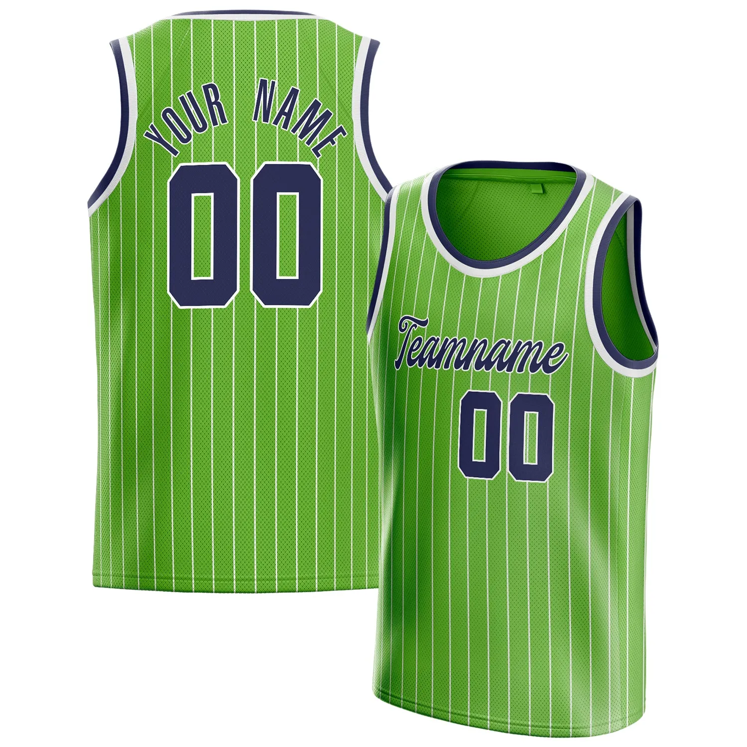 Custom Neon-Green Navy White-Pinstripe Basketball Jersey sold by Tailorly