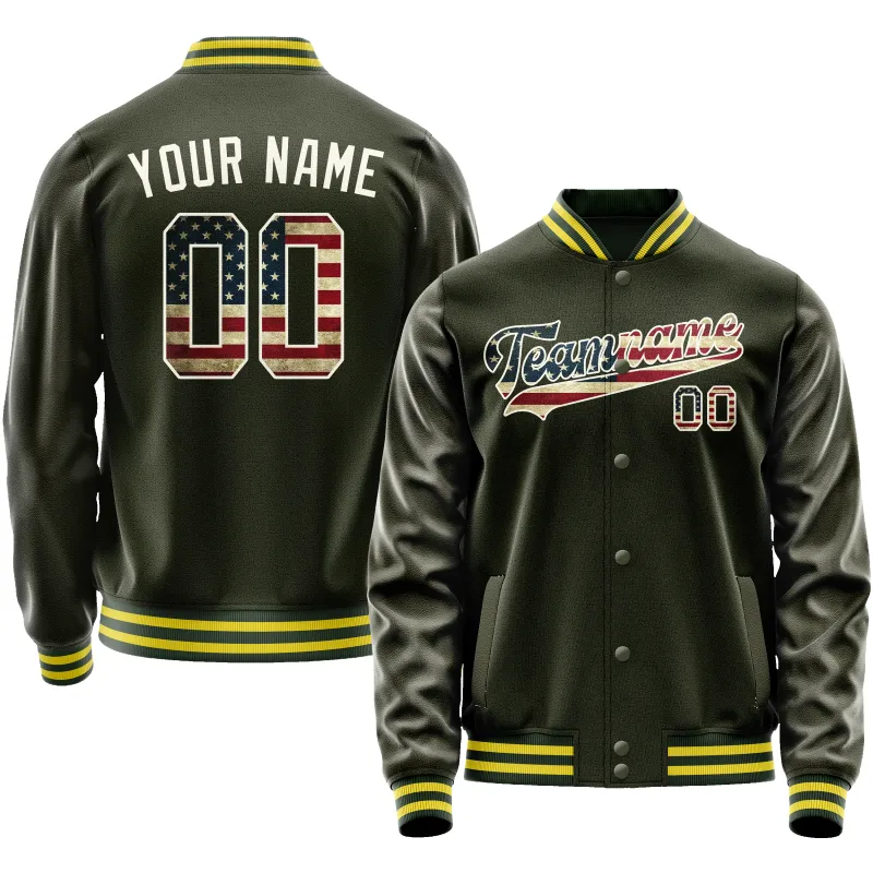 Custom Olive Cream Vintage Usa Flag Varsity Letterman Jacket sold by Tailorly