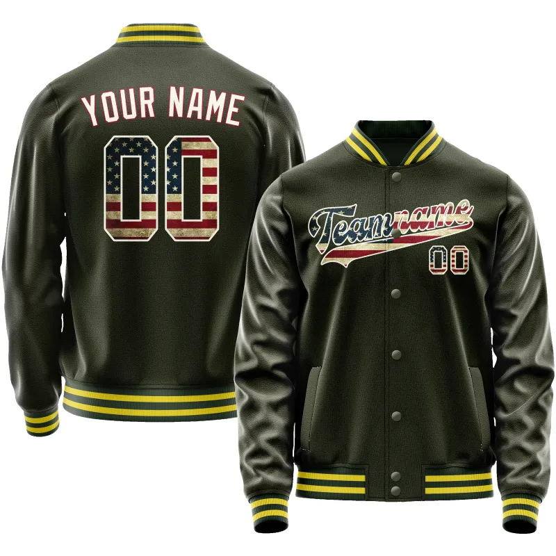 Custom Olive Cream Vintage Usa Flag Varsity Letterman Jacket sold by Tailorly